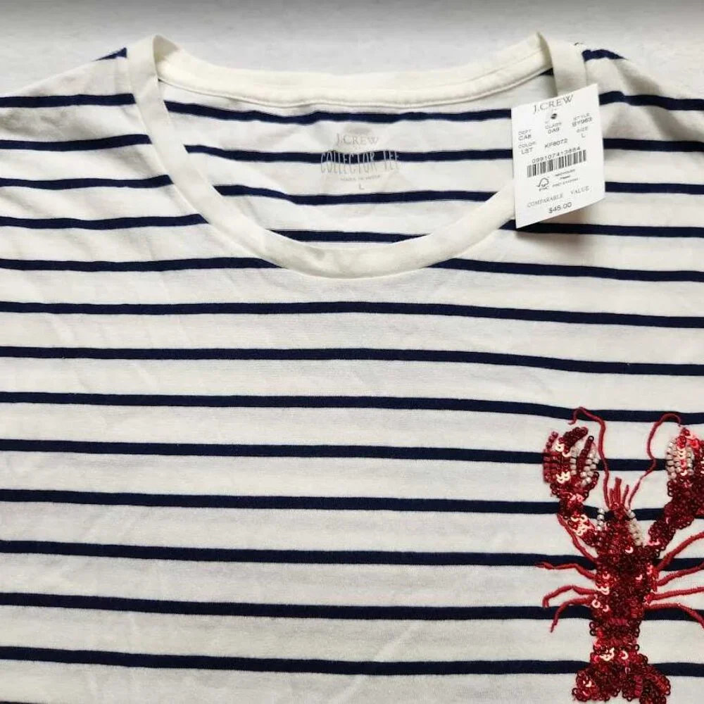 New women's J Crew Factory beaded sequin lobster striped Collector tee - Picture 2 of 9